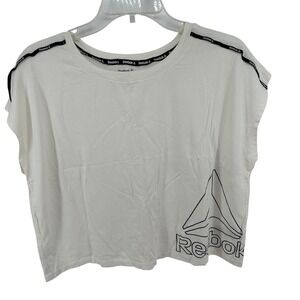 Reebok Womens XL White Cropped Graphic T-Shirt Delta Logo Branded Taping Boxy